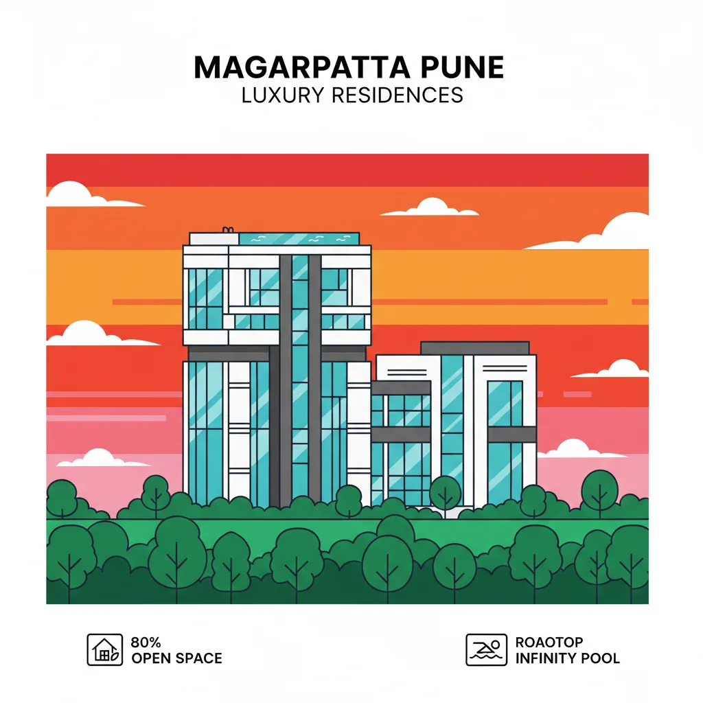 Modern luxury residential high-rise towers in Magarpatta Pune with green landscape and rooftop pool