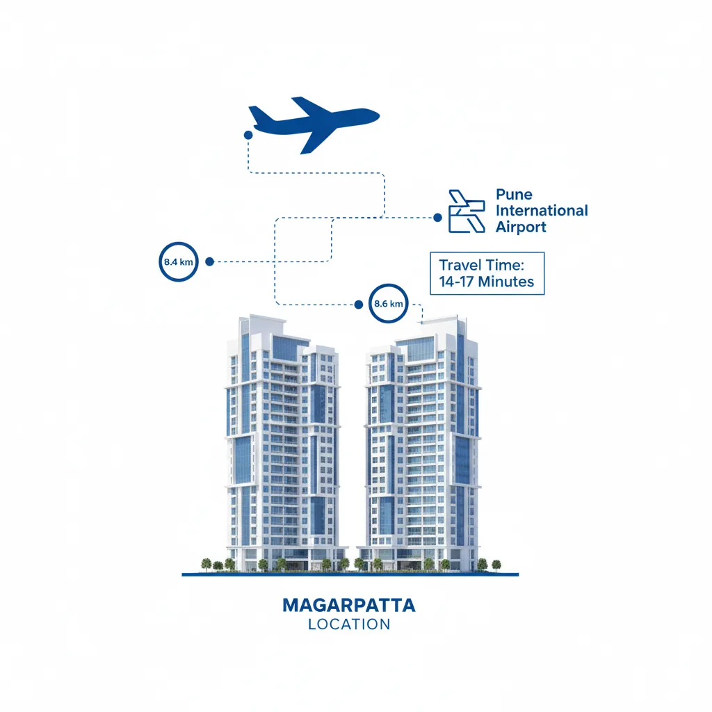 Godrej Elaris luxury residential towers with airport connectivity map showing distance markers to Pune International Airport