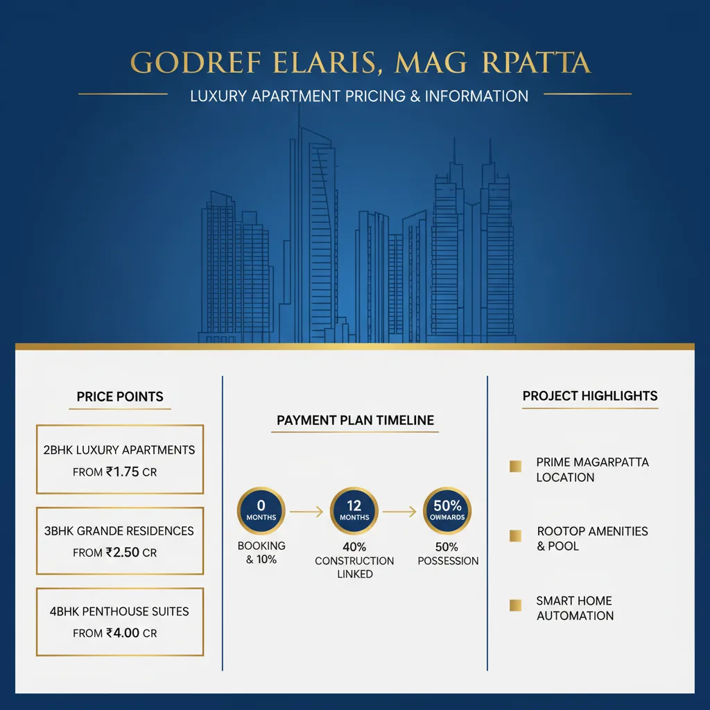 Godrej Elaris Cost Sheet - Luxury apartment pricing infographic showing 2BHK/3BHK/4BHK price points and payment plan timeline