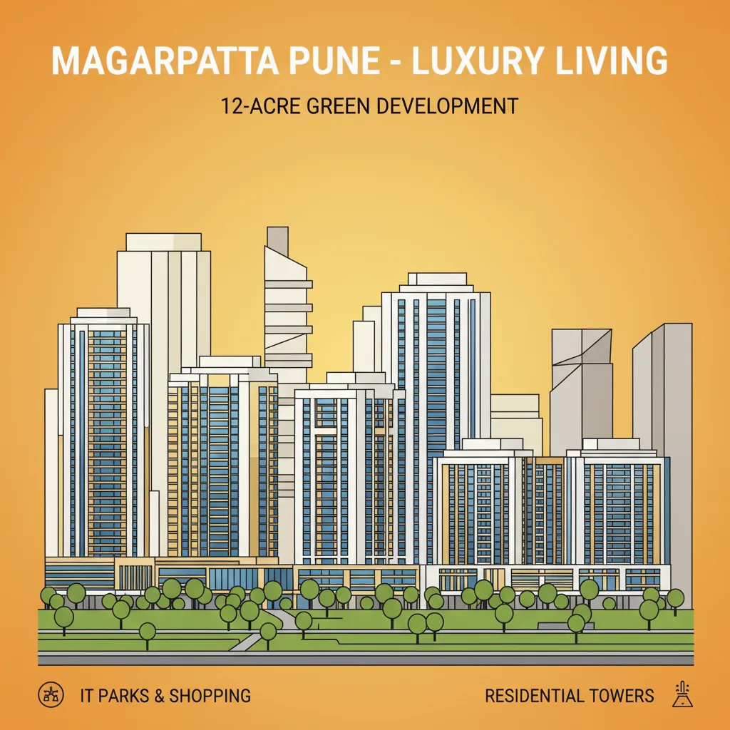 Godrej Elaris luxury high-rise towers in Magarpatta Pune at golden hour with IT parks and shopping malls in background