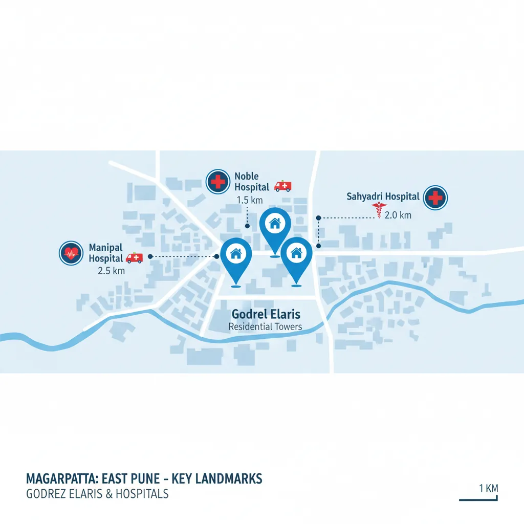 Map showing hospitals near Godrej Elaris in Magarpatta including Noble, Sahyadri, and Manipal Hospitals