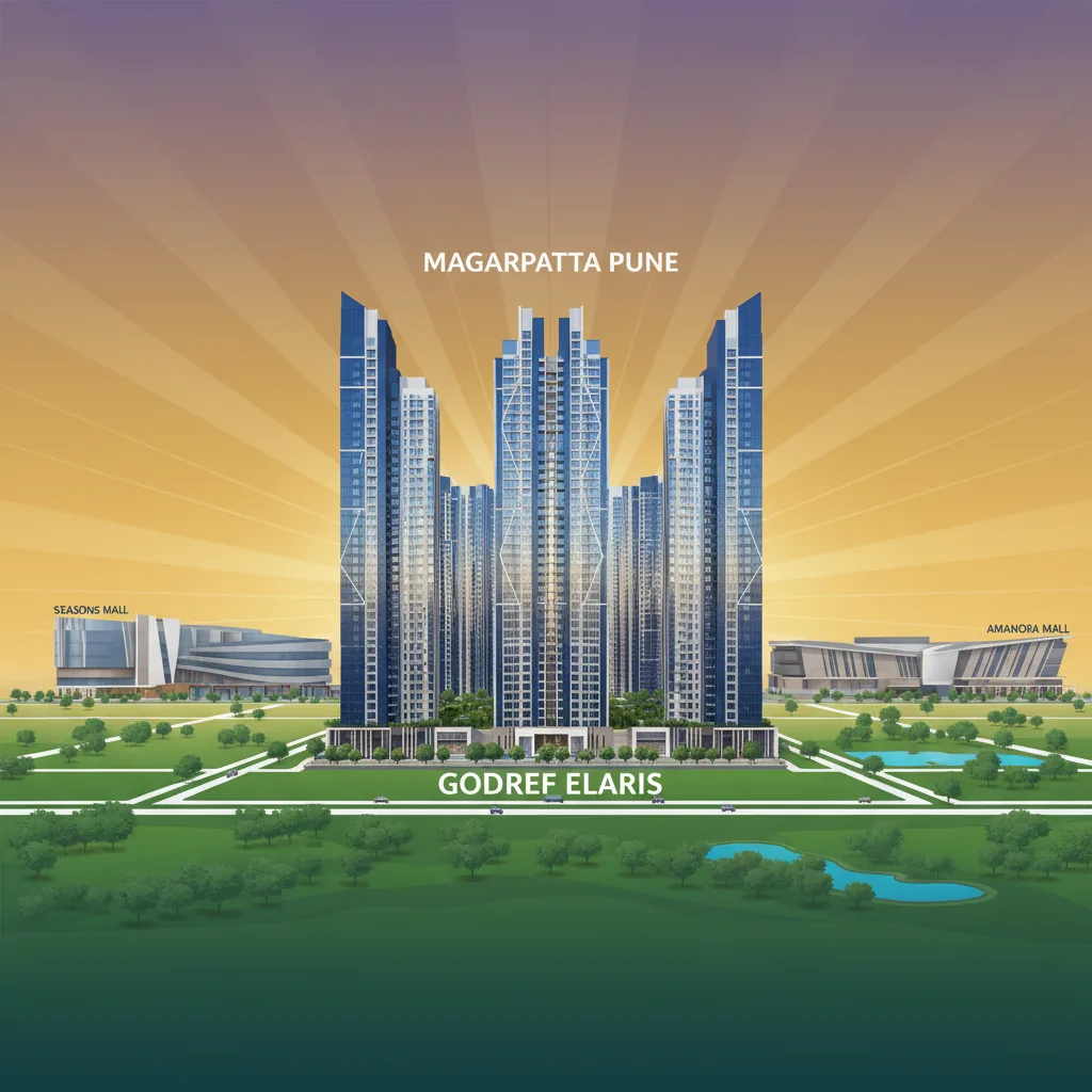 Malls Near Godrej Elaris - Modern luxury residential high-rise towers in Magarpatta Pune with shopping malls in background
