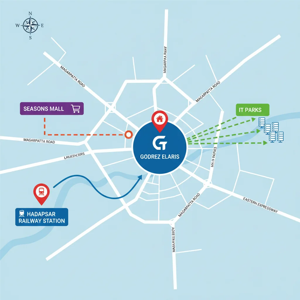 Location map infographic showing Godrej Elaris luxury residential project in Magarpatta East Pune with nearby landmarks