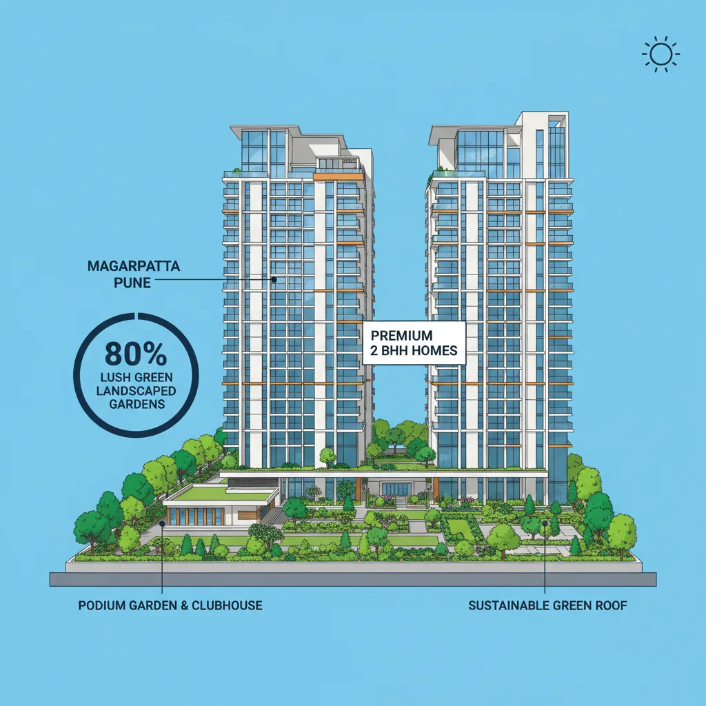 2 BHK Flats in Godrej Magarpatta Road - Modern luxury residential high-rise apartment towers in Magarpatta Pune with lush green landscaped gardens