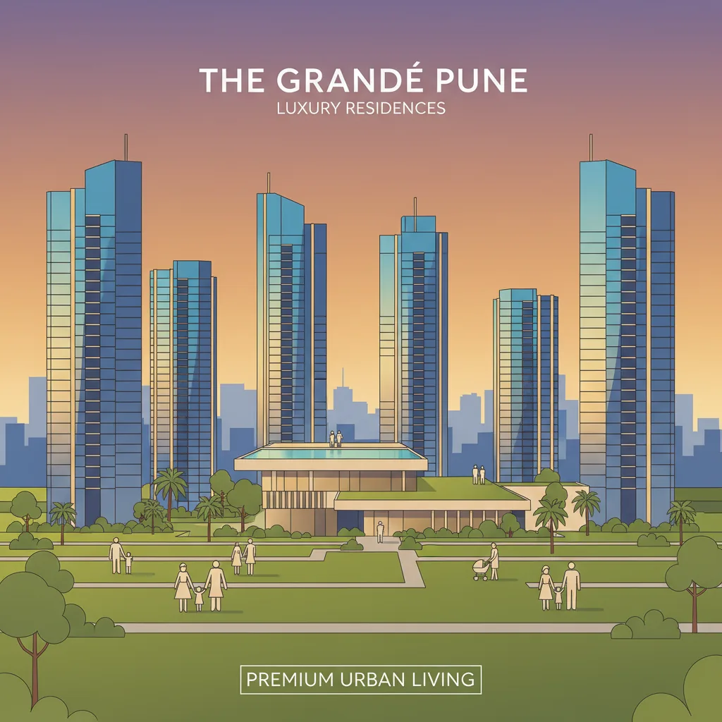 Modern luxury residential apartment complex in Pune with high-rise towers, green landscaping, and rooftop swimming pool on the clubhouse