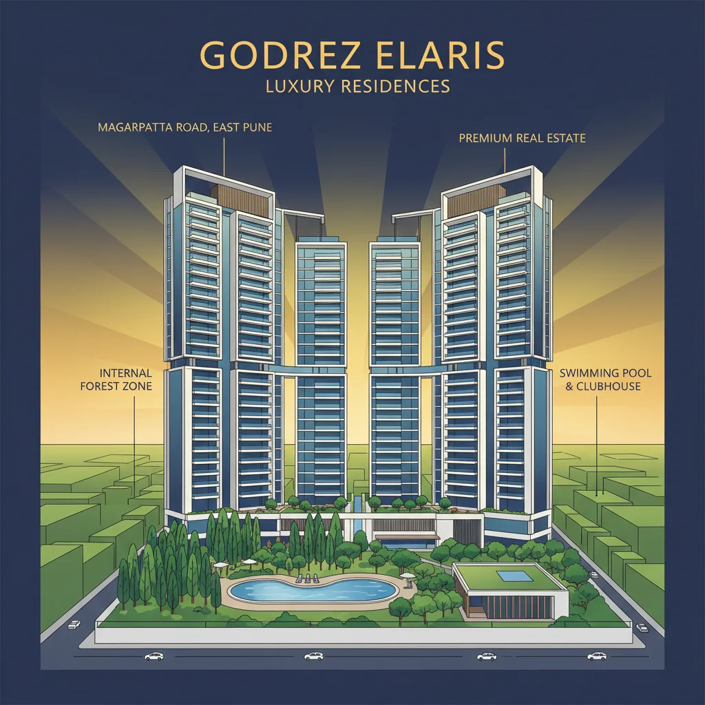 Modern luxury residential high-rise towers at Godrej Elaris on Magarpatta Road, East Pune with lush green surroundings and premium amenities