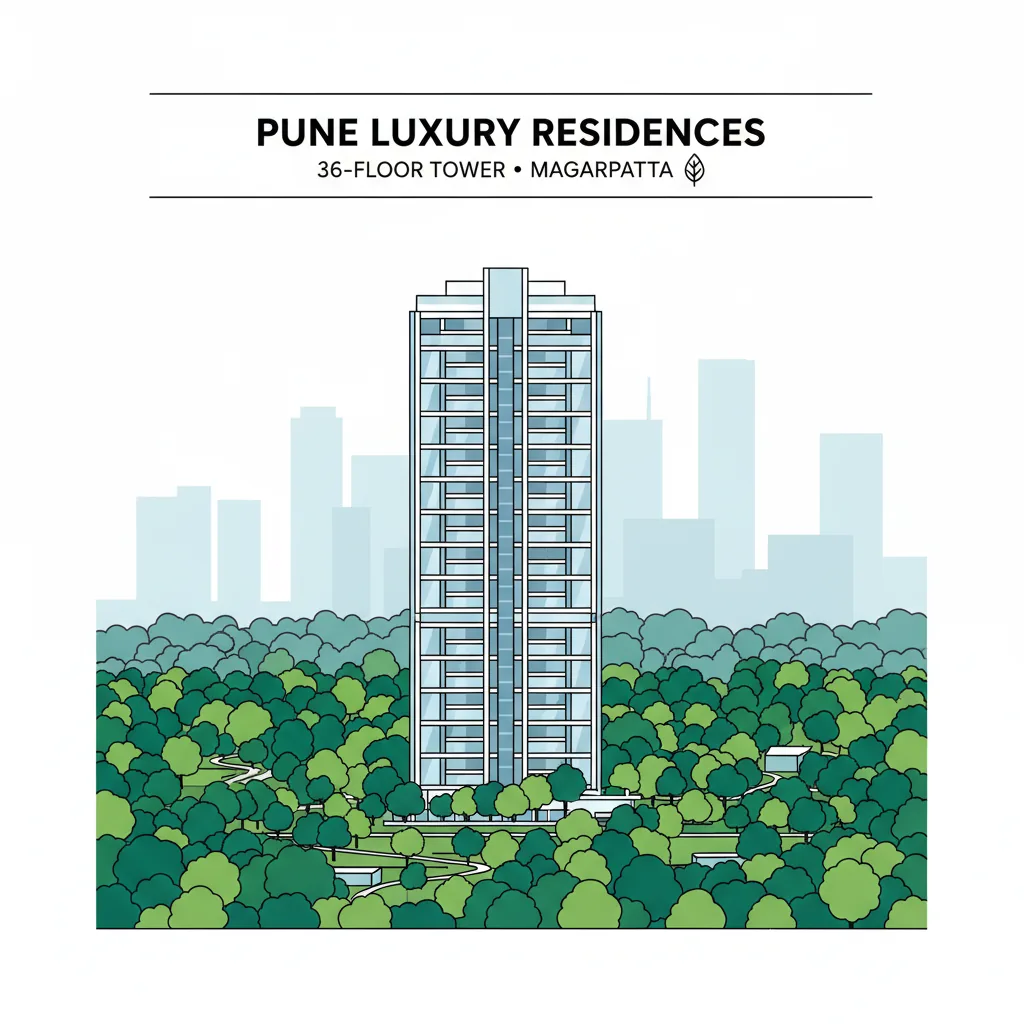 36 Floor Residential Building in Pune - Modern premium high-rise tower with glass balconies and green landscape at Magarpatta tech corridor