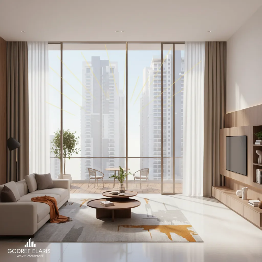 Modern luxury 4 BHK apartment interior with floor-to-ceiling windows, premium contemporary furnishings, and high-rise residential towers view at Godrej Elaris