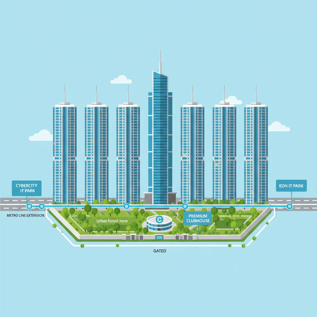 Advantages of Investing in Godrej Elaris - Modern luxury residential high-rise towers in East Pune with 8 grand skyscrapers, gated community with lush green landscaping and premium clubhouse