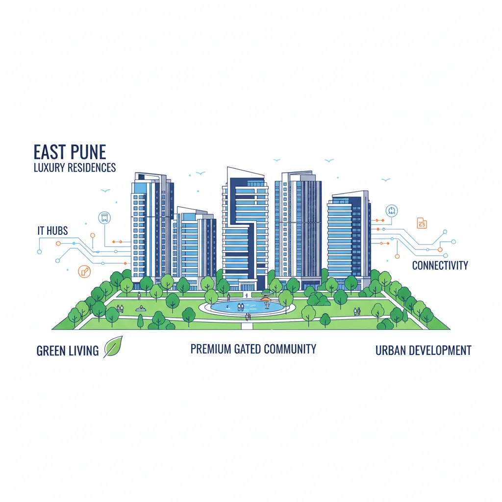 Modern luxury residential apartment complex in East Pune with premium gated community and green landscape