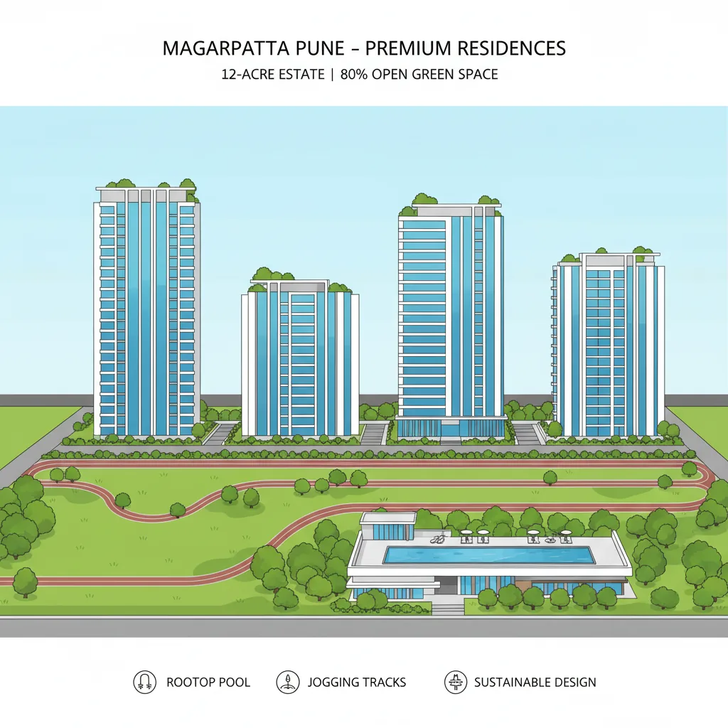 Godrej Elaris Apartments - modern premium high-rise residential complex with lush green landscaping and rooftop swimming pool in Magarpatta, Pune