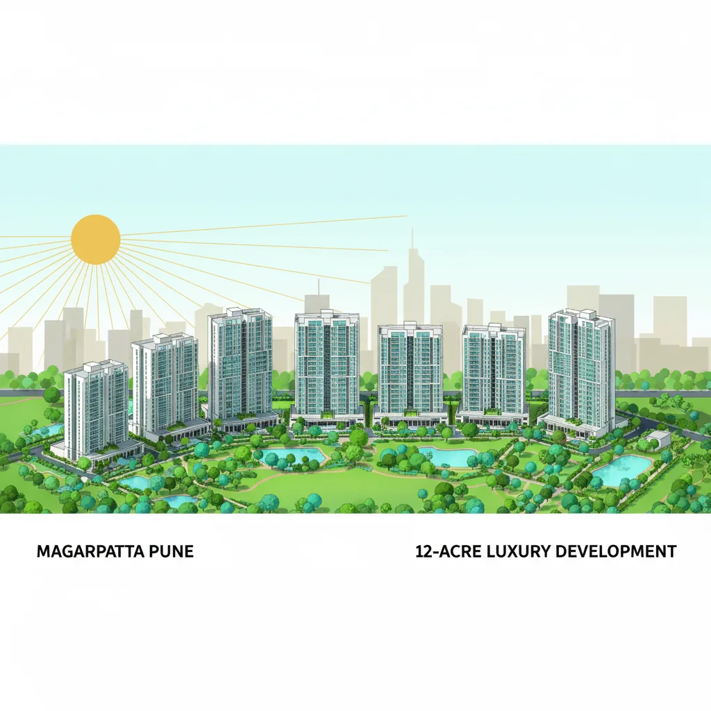 Godrej Elaris luxury residential complex aerial view showing modern high-rise towers with landscaped gardens in Magarpatta, Pune