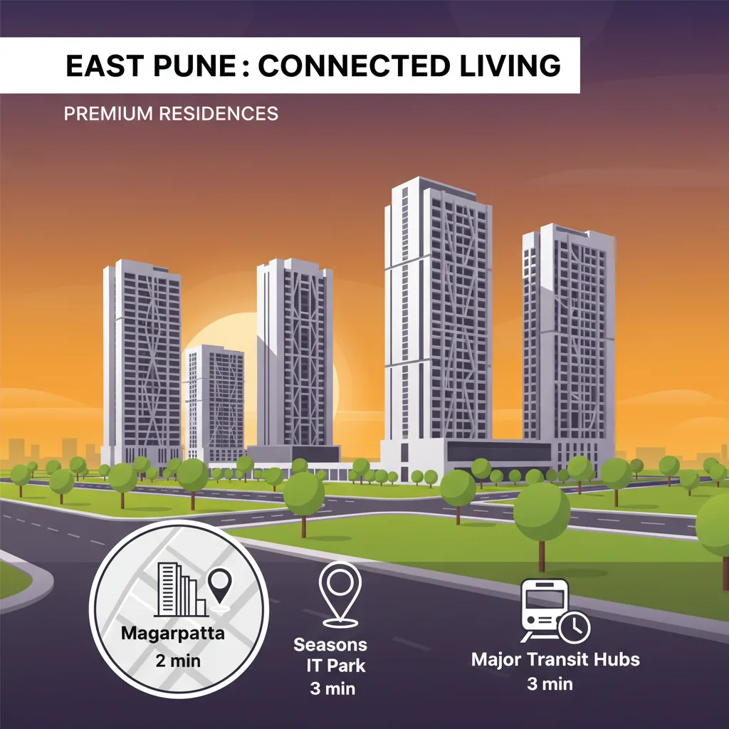 Godrej Elaris Distance to Magarpatta IT Park & Key Locations - Premium Residential High-Rise Towers in East Pune with location pins showing travel times