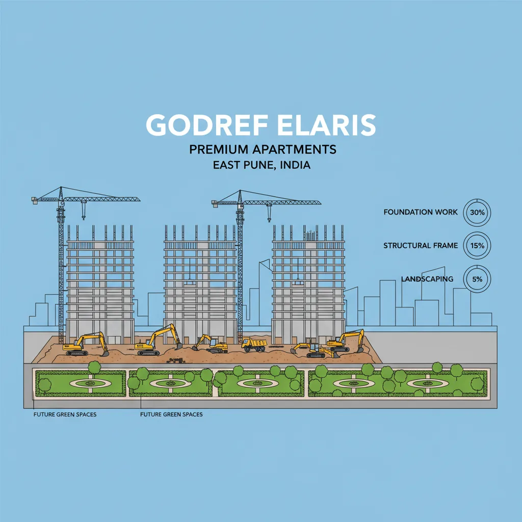 Godrej Elaris luxury residential construction site in East Pune showing tower cranes and foundation work