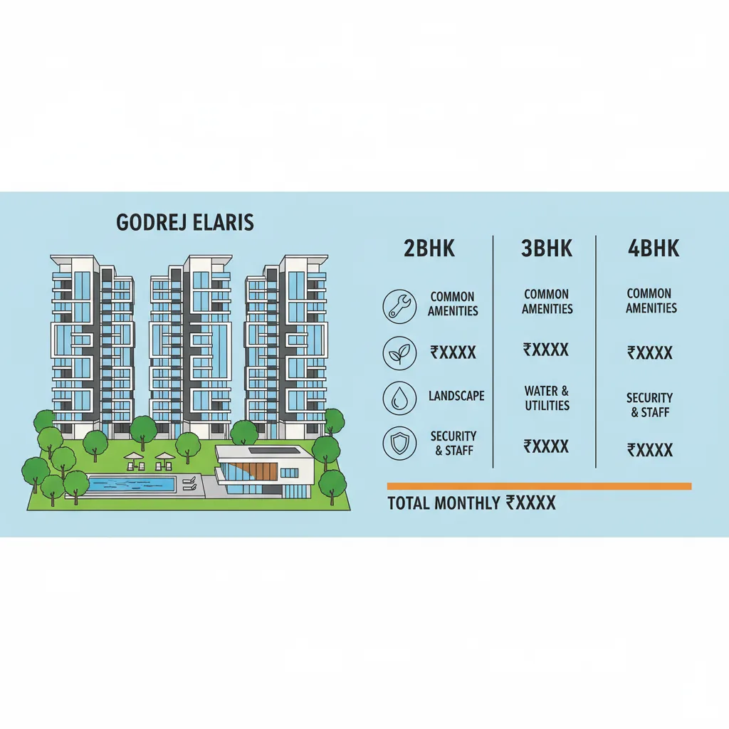 Godrej Elaris maintenance charge infographic showing monthly cost breakdown for 2BHK, 3BHK, and 4BHK apartments with luxury amenities