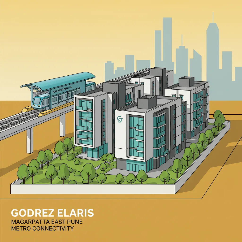 Godrej Elaris luxury residential apartment complex in Magarpatta East Pune with metro connectivity and Pune Metro Aqua Line station in background