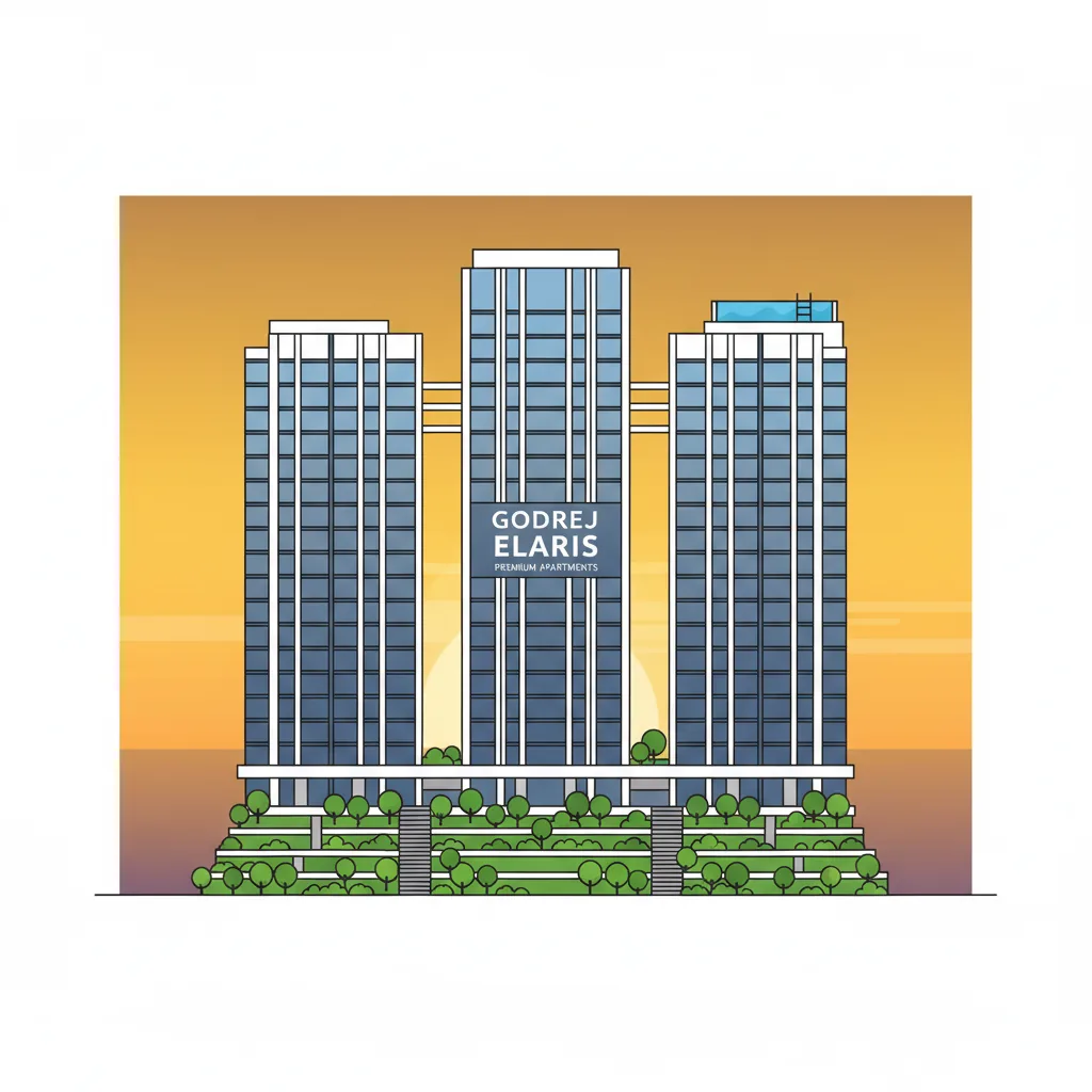 Godrej Elaris New Launch - Modern luxury residential high-rise towers at sunset in Magarpatta East Pune with green podium gardens and rooftop pool