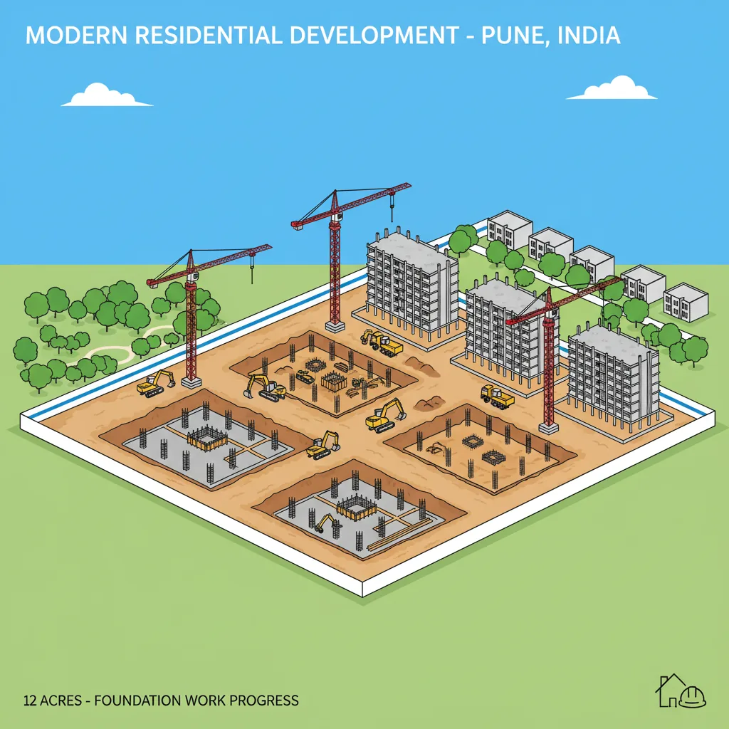 Godrej Elaris Photos - Modern residential construction site aerial view showing 12-acre development with foundation work in progress, tower cranes and luxury high-rise buildings under construction in Magarpatta, Pune