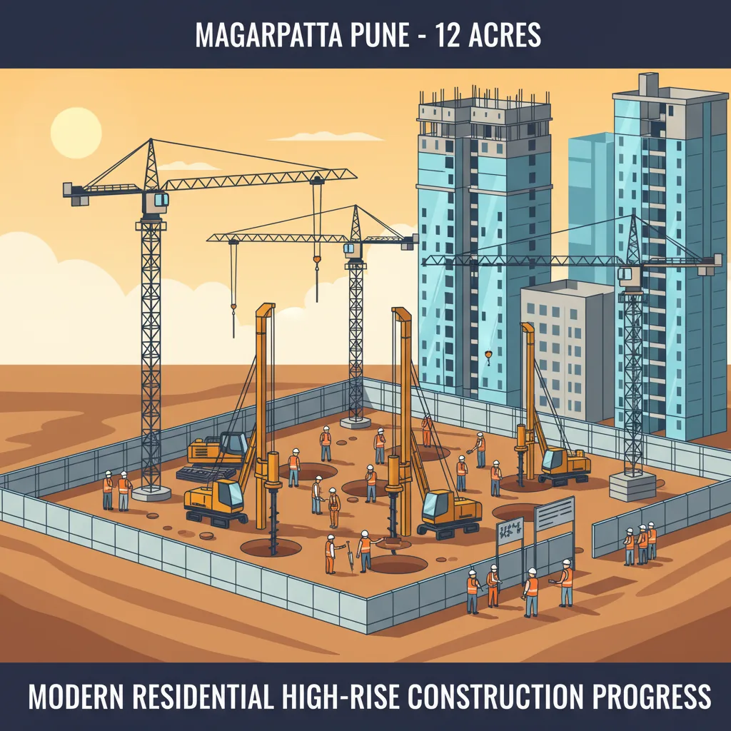 Godrej Elaris project status showing modern residential high-rise construction site in Magarpatta Pune with heavy machinery