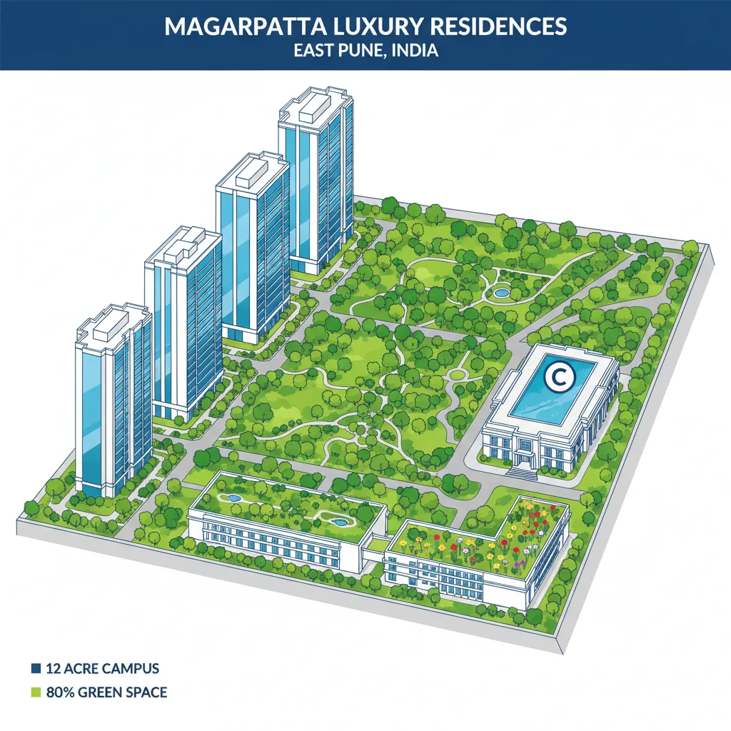 Godrej Elaris Video - Modern luxury residential apartment complex aerial view with glass facades, landscaped gardens covering 80% of campus, elegant clubhouse with rooftop swimming pool