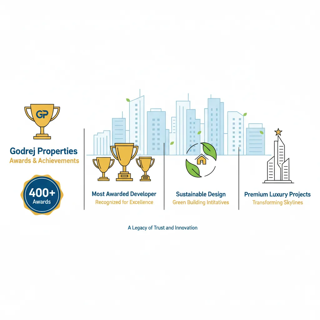 Godrej Properties Awards infographic showing 400+ national and global honors, trophies, green building symbols, and modern residential towers