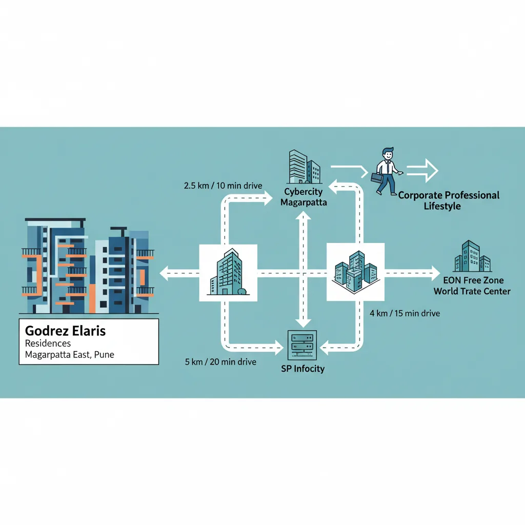 IT Hubs Near Godrej Elaris - Cybercity Magarpatta, EON Free Zone, World Trade Center, and SP Infocity with distance markers