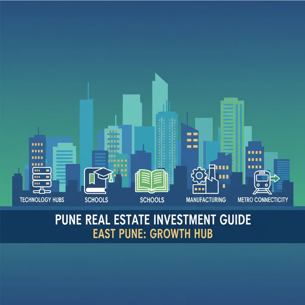 Modern infographic style hero image showing East Pune skyline with IT parks, residential towers, educational institutions, and infrastructure icons